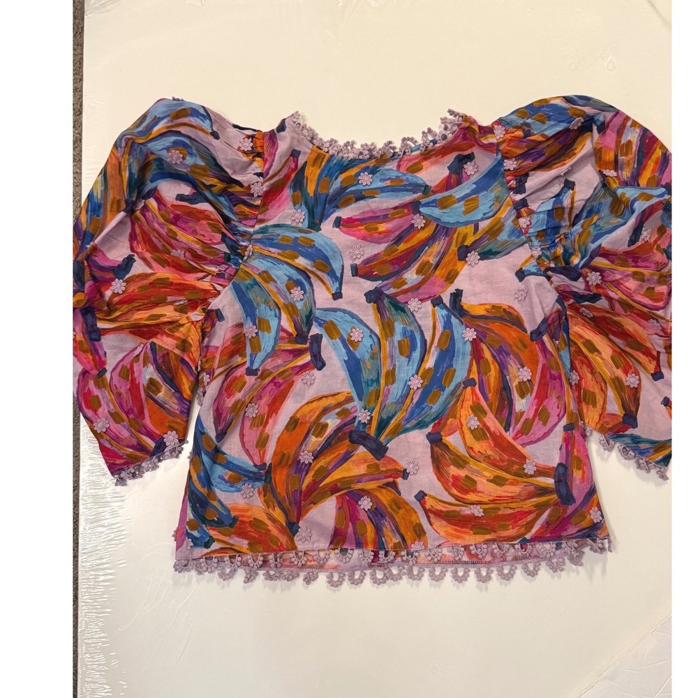 Farm Rio Pink Banana Puff Sleeve Blouse Floral Embroidery Crochet Trim Small